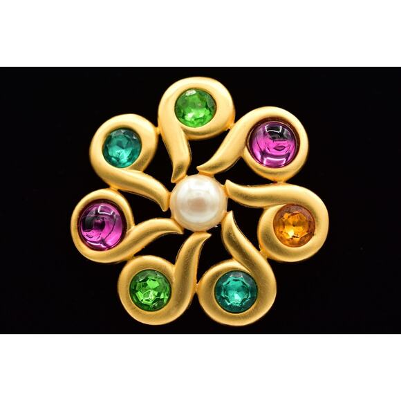 Givenchy Vintage Cabochon Brooch Pin Pink Brushed Gold Crystal Signed 80s BinAH - Picture 1 of 12